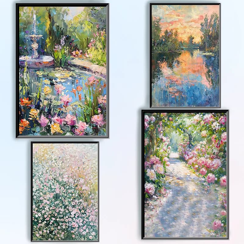 Impasto Monet Vibrant Naturalistic Scenery Vibrant Color Spring Fountain Pink Garden Poster Home Modern Wall Art Canvas Paint