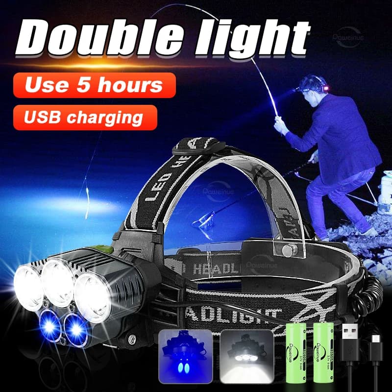Lanterna frontale Led ricaricabile ad alte prestazioni 5 modalità faro 18650 batteria lampada frontale da pesca impermeabile lampada frontale da esterno