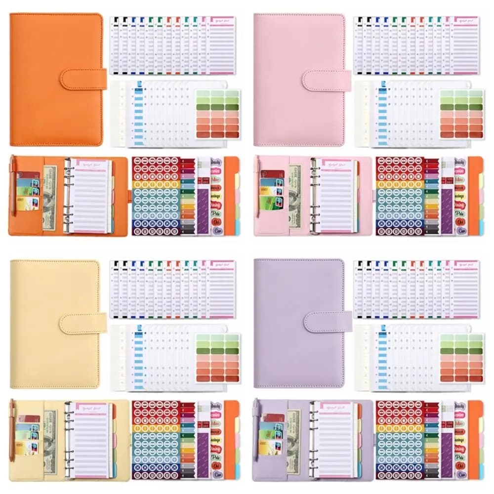 Agenda A6 in Pelle PU Colorata Stile Macaron con Buste con Cerniera, Adesivi e Pianificatore di Budget