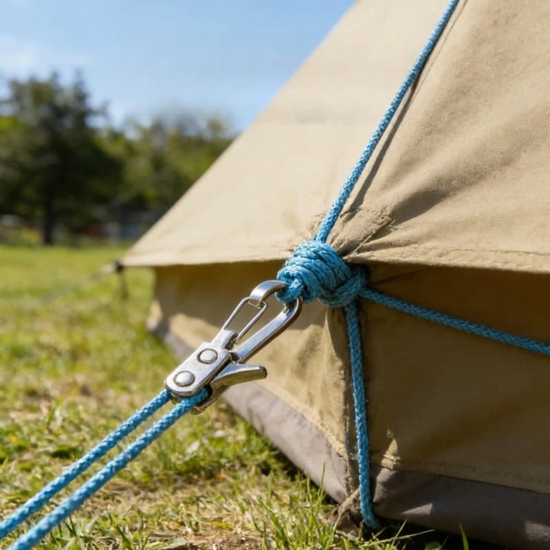 Set di 4 corde con tenditori a rullo, dotato di fermagli di bloccaggio per un fissaggio sicuro, adatto per campeggio e uso in barca.