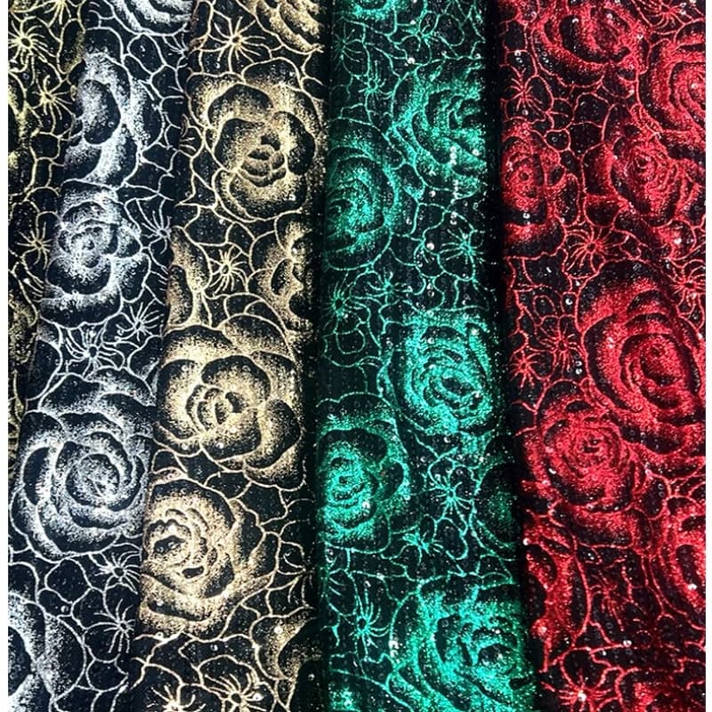 1yard Rose Floral Printed Sequin Embroidery Jacquard Fabric Shiny Glitter Cloth for Dress Making Home Decoration DIY Craft
