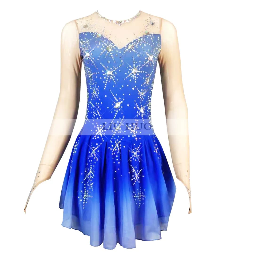 LIUHUO Vestito da Pattinaggio di Figura per Bambini e Adolescenti Prestazioni sul Ghiaccio per Ragazze da Donna Blu Body da Competizione Professionale a Maniche Lunghe