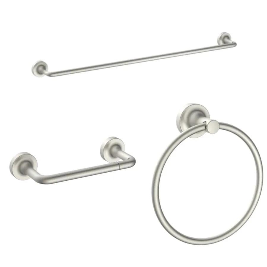 Clean Modern 3-Piece Bathroom Hardware Set Satin Nickel Towel Bar Robe Hook and Toilet Paper Holder