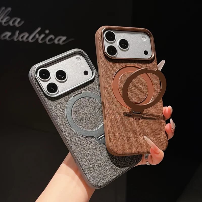 Canvas Texture 360° Kickstand Magnetic Phone Case For iPhone 18ProMax 17Pro 16 15PM Luxury Skin‑Feel Shockproof Cover