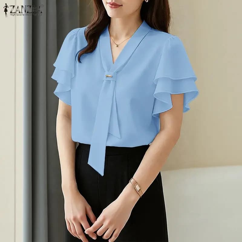 2026 ZANZEA Elegante Camicetta Estiva da Donna con Scollo a V, Maniche Corte, Tunica Casual Tinta Unita con Laccetti, Top Elegante da Lavoro OL, Blusa Femminile
