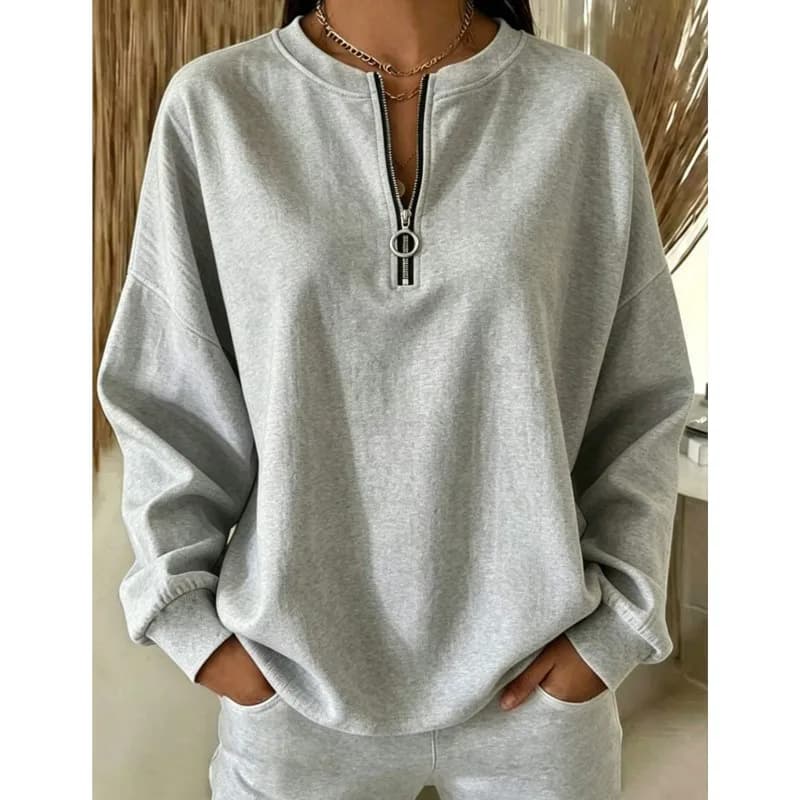 Simple Solid Zipper Half Open Design Hoodie Women's Fashion O-neck Versatile Sportswear Lady Autumn Loose Long Sleeved Pullover