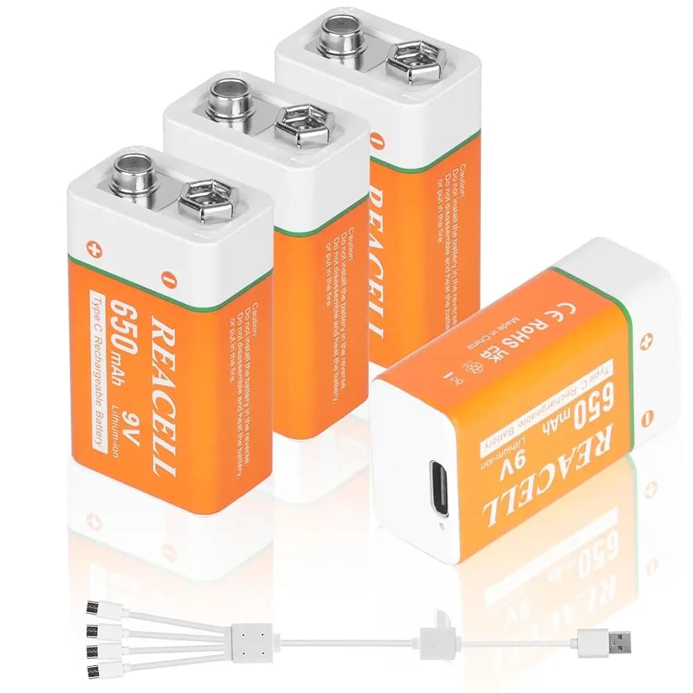 Batterie ricaricabili da 9 V 4 confezioni, batterie da 9 Volt 6F22 per rilevatori di fumo Allarmi, con cavo USB C