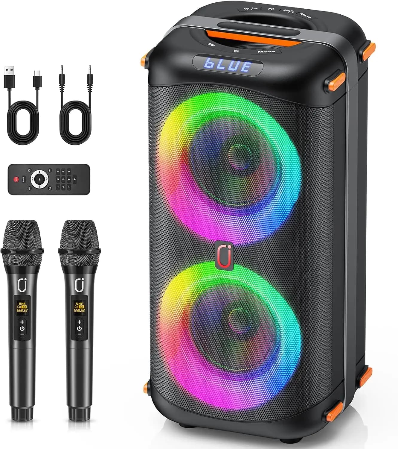 Altoparlante Bluetooth Wireless T27, Macchina per Karaoke con 2 Microfoni, Speaker per Feste Karaoke Domestico con Luci LED