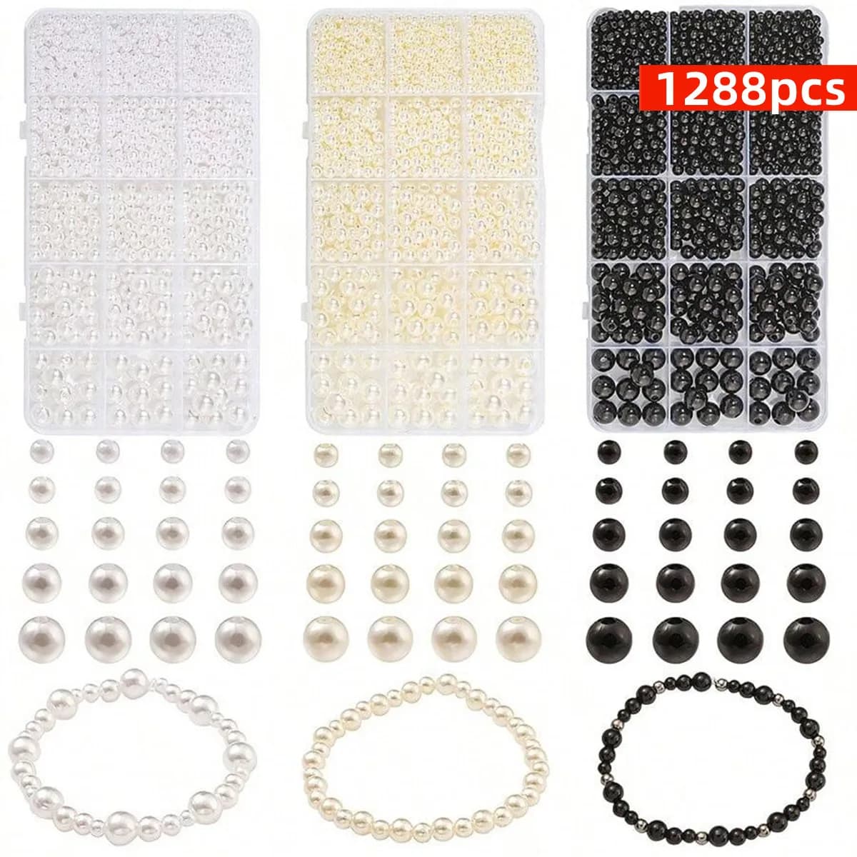 1288 pieces/set box black, white, beige from 4/5/6/8/10 mm, suitable for making bracelets ideal for jewellery experts