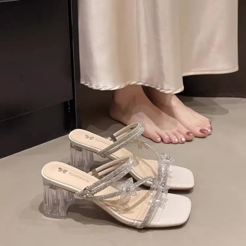 Silver Rhinestone Crystal High Heel Sandals Women's Summer Outdoor Wear 2026 New Fairy Style Roman Thick Heel Slippers