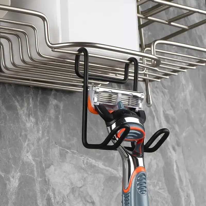 2Pcs No-Drill Bathroom Stainless Steel Corner Storage Rack Basket Razor Holder Shaver Hook Accessories