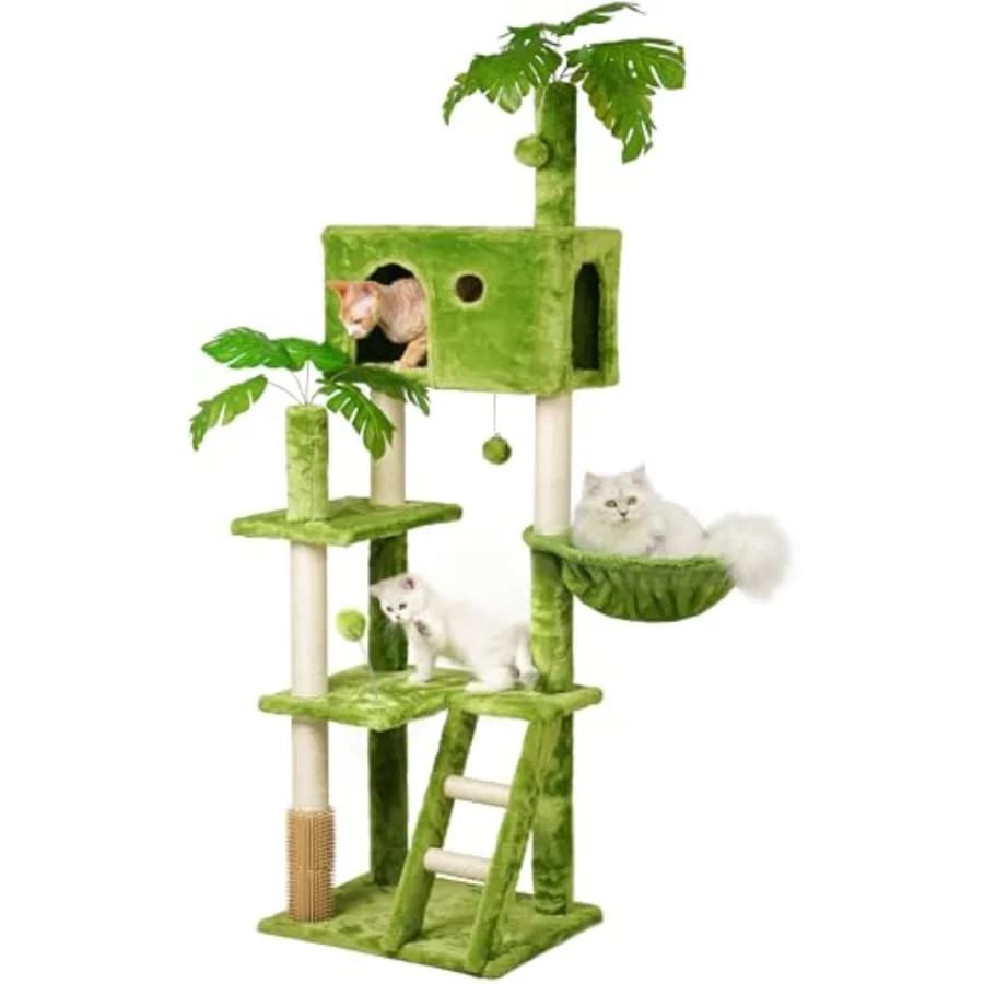 Albero per Gatti Alto con Foglie per Gatti da Interno, Torre per Gatti Verde con Tiragraffi, Amaca Sospesa, Posatoio Accogliente, Palla da Gioco e Auto-attrazione