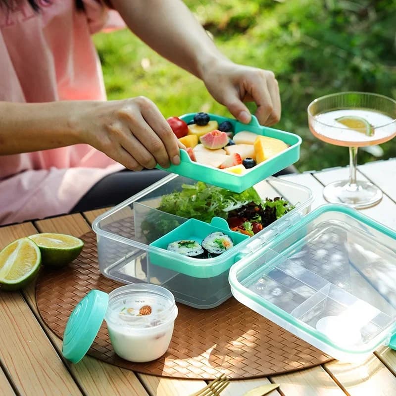 Contenitore per il pranzo a doppio strato con maniglia portatile, scomparti, ideale per studenti, bambini, picnic e insalate.
