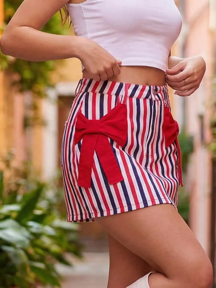 Women Denim Skirt Fashion Striped Print Large Bow Decor Summer Bodycon Mini Skirts