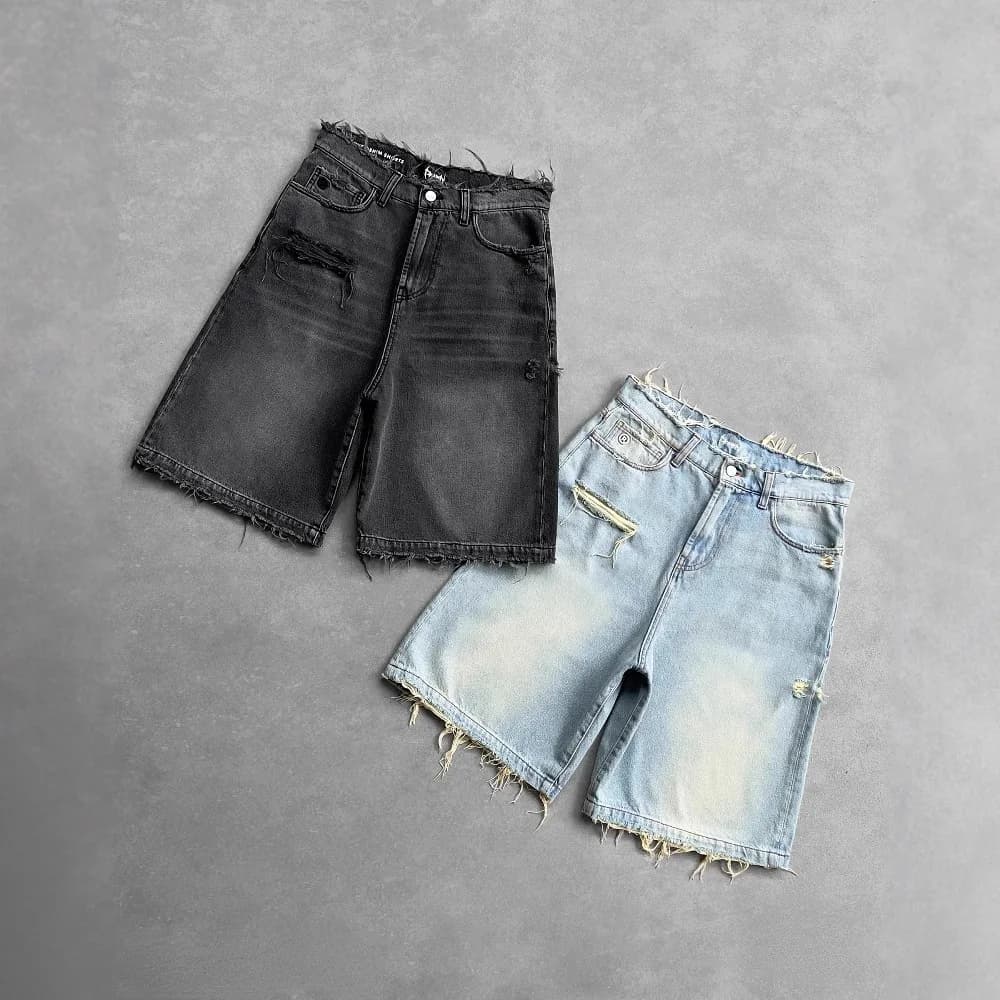 Shorts in denim neri da uomo stile gotico punk, lavaggio effetto invecchiato, estivi, streetwear, hip hop, con strappi, Y2K, gamba dritta, per primavera e sport