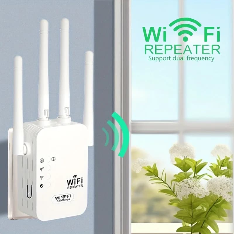 Amplificatore WiFi 1200Mbps Dual Band 2.4Ghz, 4 Antenne ad Alto Guadagno, Segnale Potente, per Casa, Ufficio, Caffetterie, Estensore WiFi