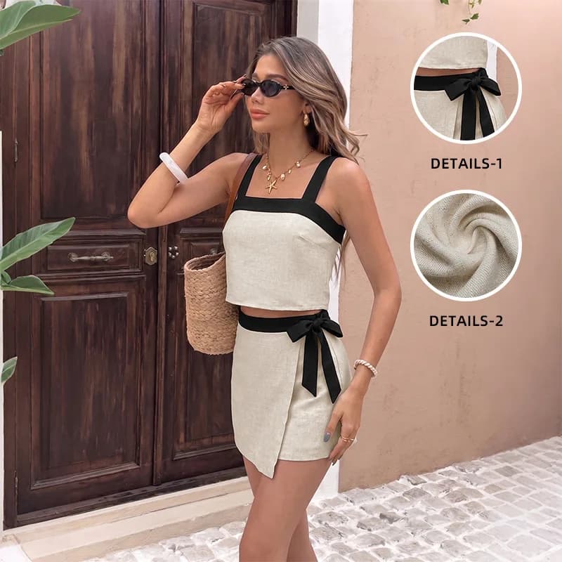Women's Color Block Spaghetti Strap Crop Top and Wrap Mini Skirt Two Piece Set with Bow Tie Waist Elegant Daily Fashion Outfit