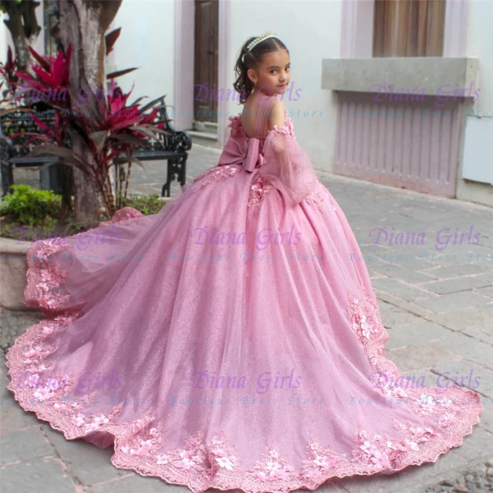 Nuovo Splendido Abito da Damigella in Tulle Rosa Soffice con Applicazioni Raffinate per Bambine, Ideale per Matrimoni, Feste di Compleanno e Serate Eleganti