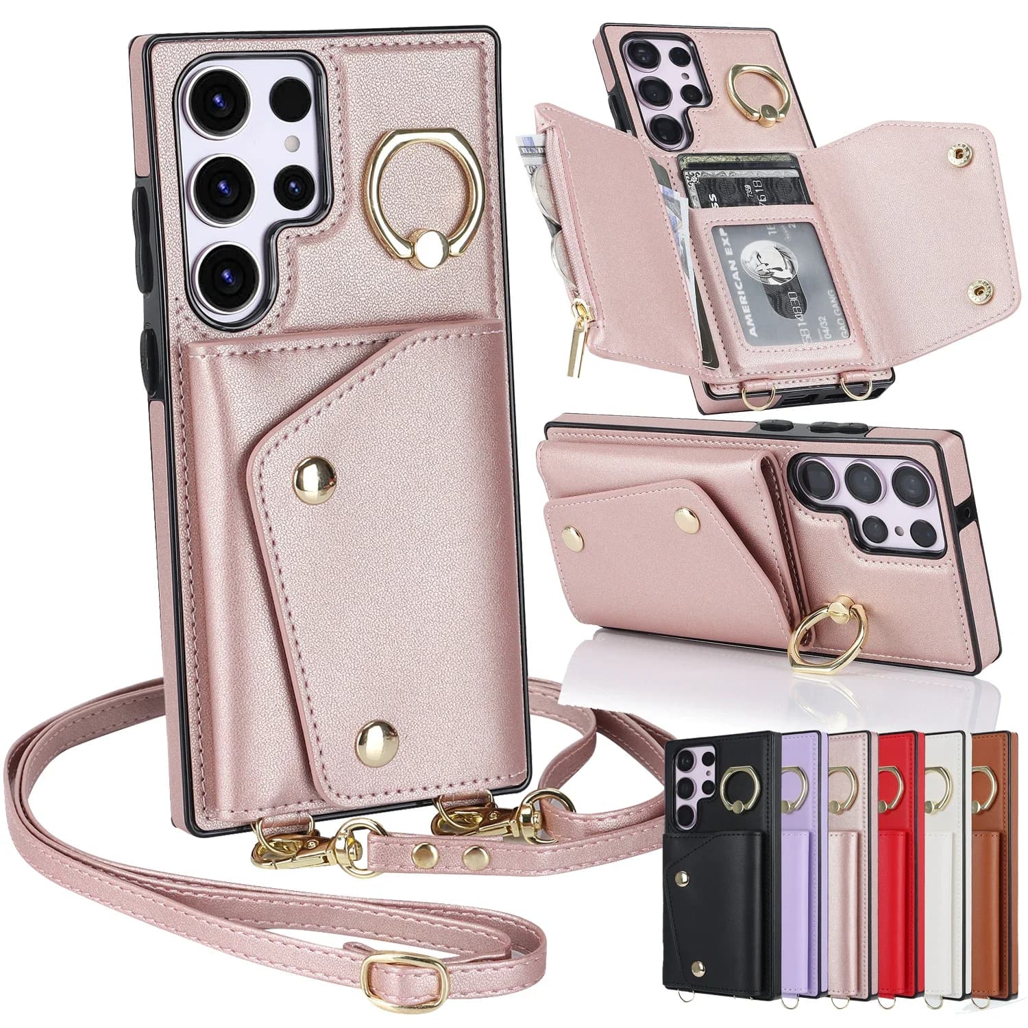 Custodia a portafoglio in pelle con supporto ad anello per Samsung Galaxy S23 S24 Ultra S22 Plus S21 FE A55 A15 Carte RFID Solt Cordino Cover