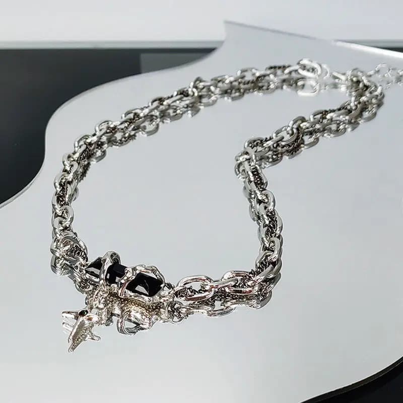 Punk Vintage Red Black Zircon Star Double Layer Necklace for Women Men Gifts Trend Chain Unisex Goth Jewelry Couple Accessories