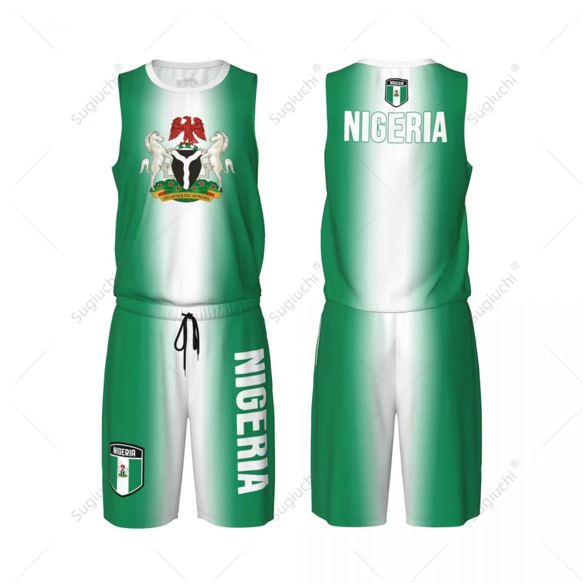 Set da basket da uomo con bandiera della Nigeria, camicia e pantaloni in rete, senza maniche, esclusivo team-up, nome personalizzato, Nunber, unisex