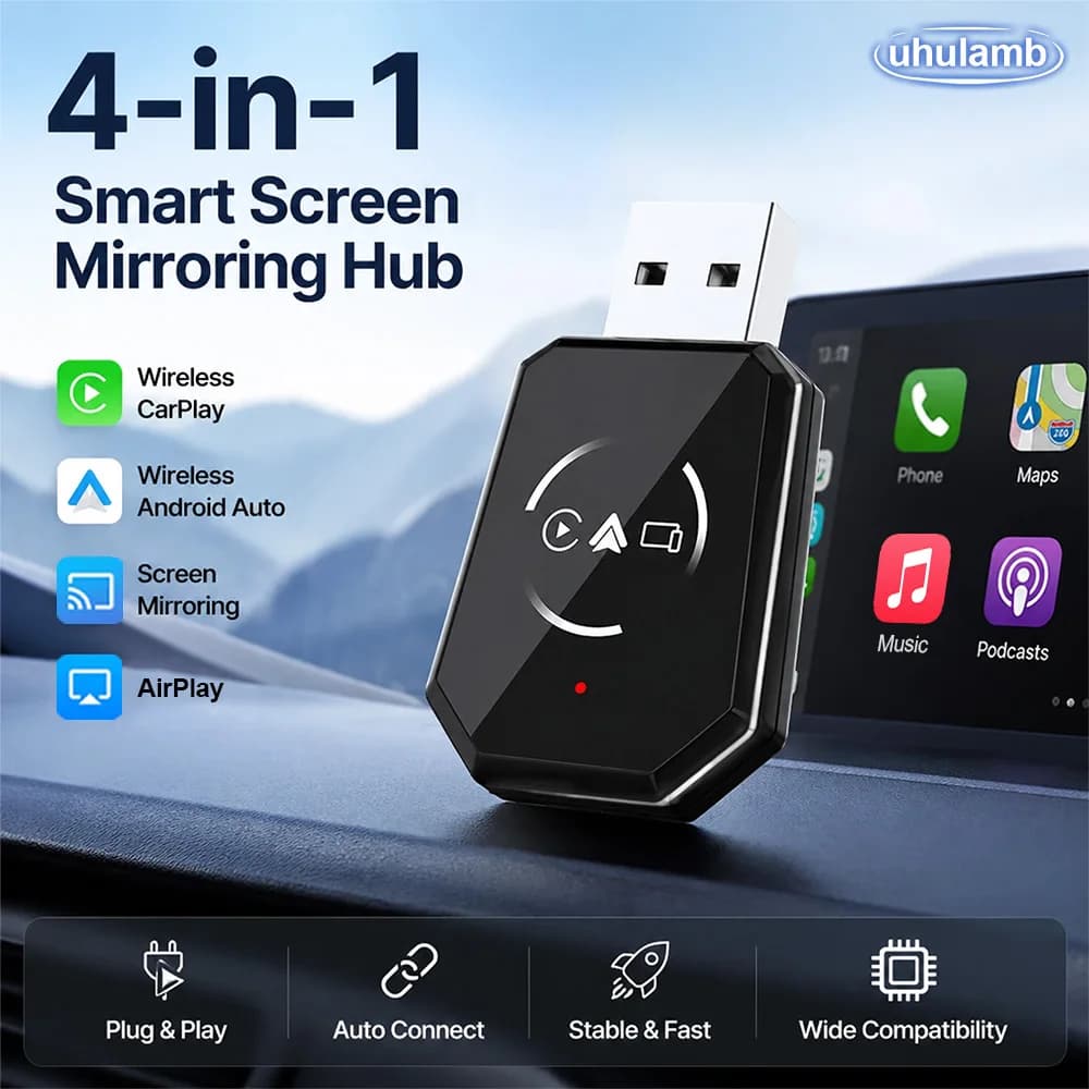 Adattatore Wireless 4 in 1 per CarPlay e Android Auto con Screen Mirroring per Apple e Android, Smart AI Box USB Plug and Play con Connessione Automatica