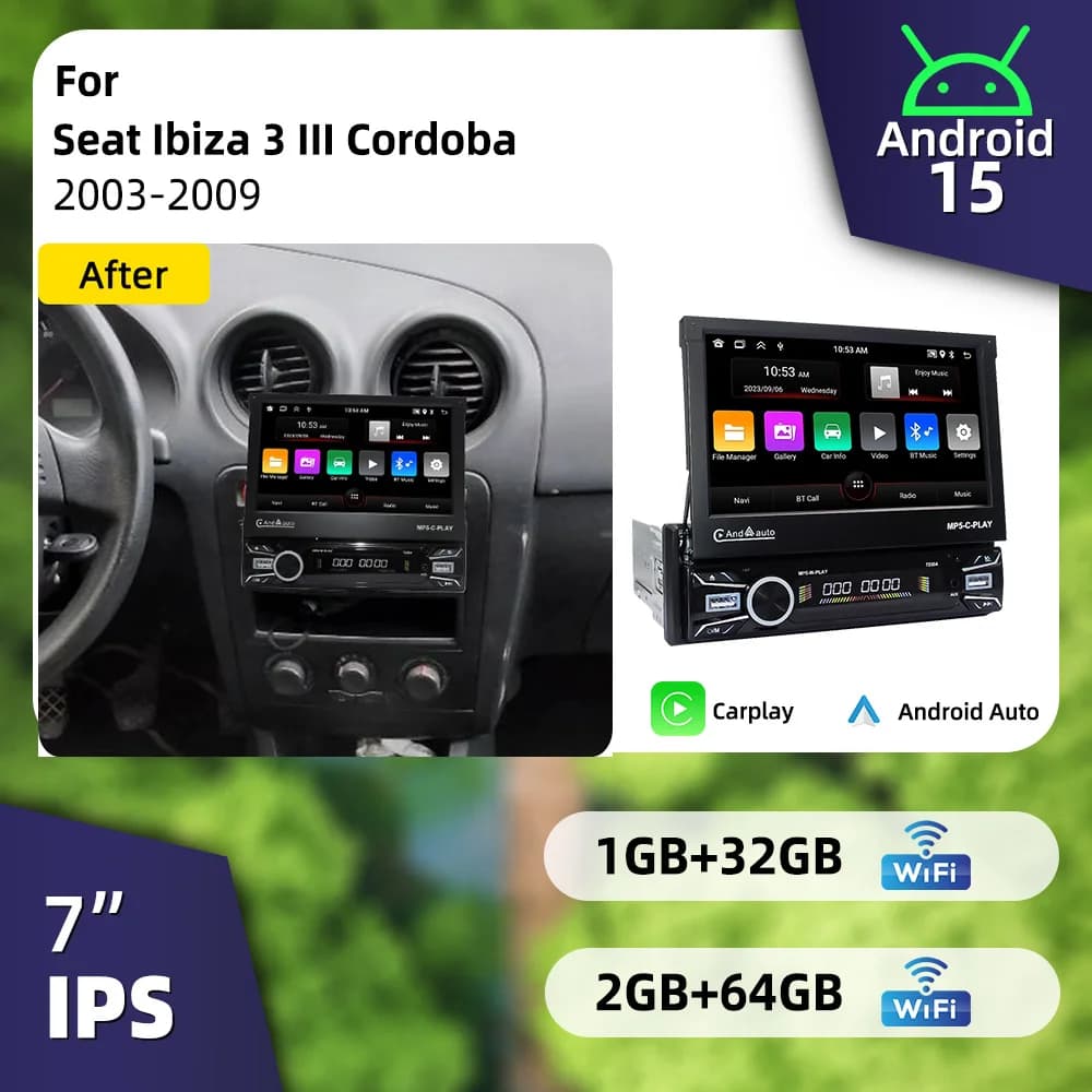 7" Telescopic Screen Android 1 Din Car Stereo for Seat Ibiza 3 III Cordoba 2003-2009 CarPlay Multimedia Radio Autoradio Headunit