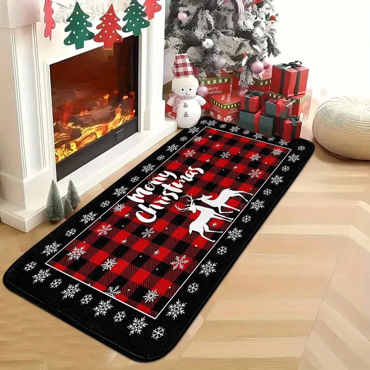 A non-slip carpet in deer flannel with grid pattern suitable for various places like doors, bedrooms, bathrooms, etc.