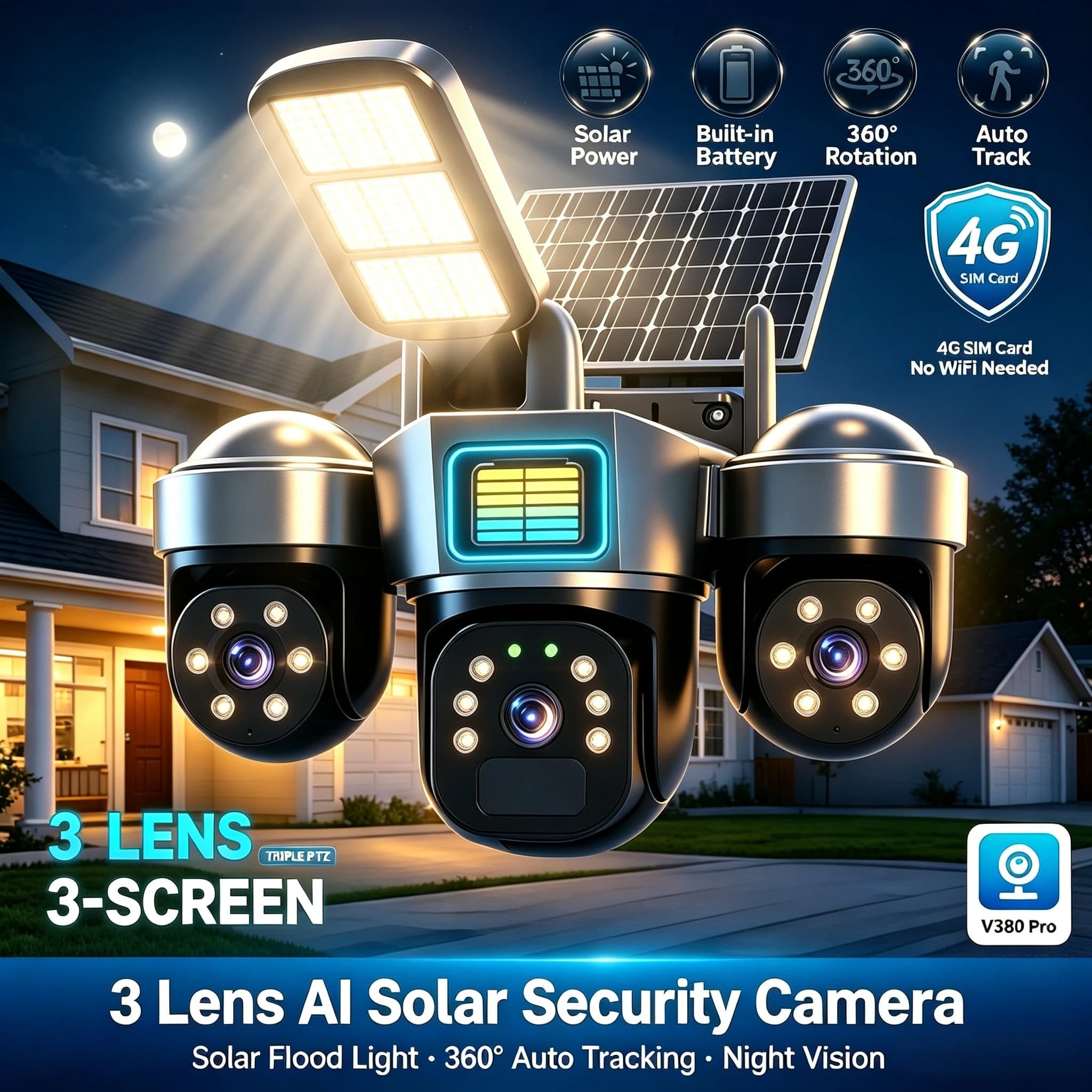 4G Sim Card Solar CCTV PTZ Outdoor Wireless Human Detection PIR WiFi IP Camera with Siren Solar Powered CCTV Solar Light