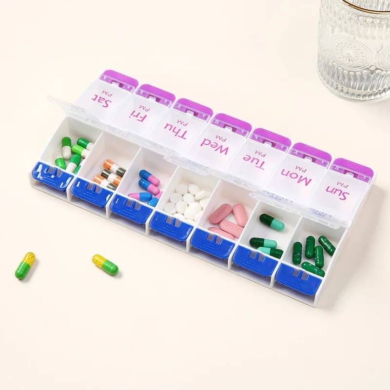 Large tray with 7-day button, 14-part drug container, AM PM support for drugs, vitamins, supplement