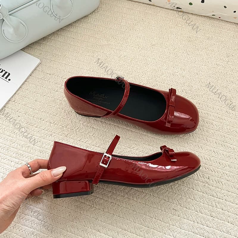 Scarpe Mary Jane da donna primavera estate, a punta tonda, casual, alla moda, con fiocco a farfalla, tacco basso, in pelle, eleganti.