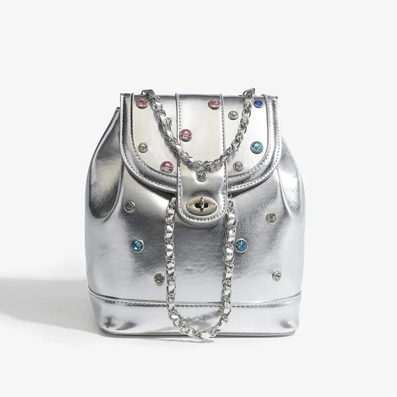 Chain Bag for Women 2025 Fashion Diamond Backpack Color Diamond Chain Backpack Large Capacity Bucket Backpack