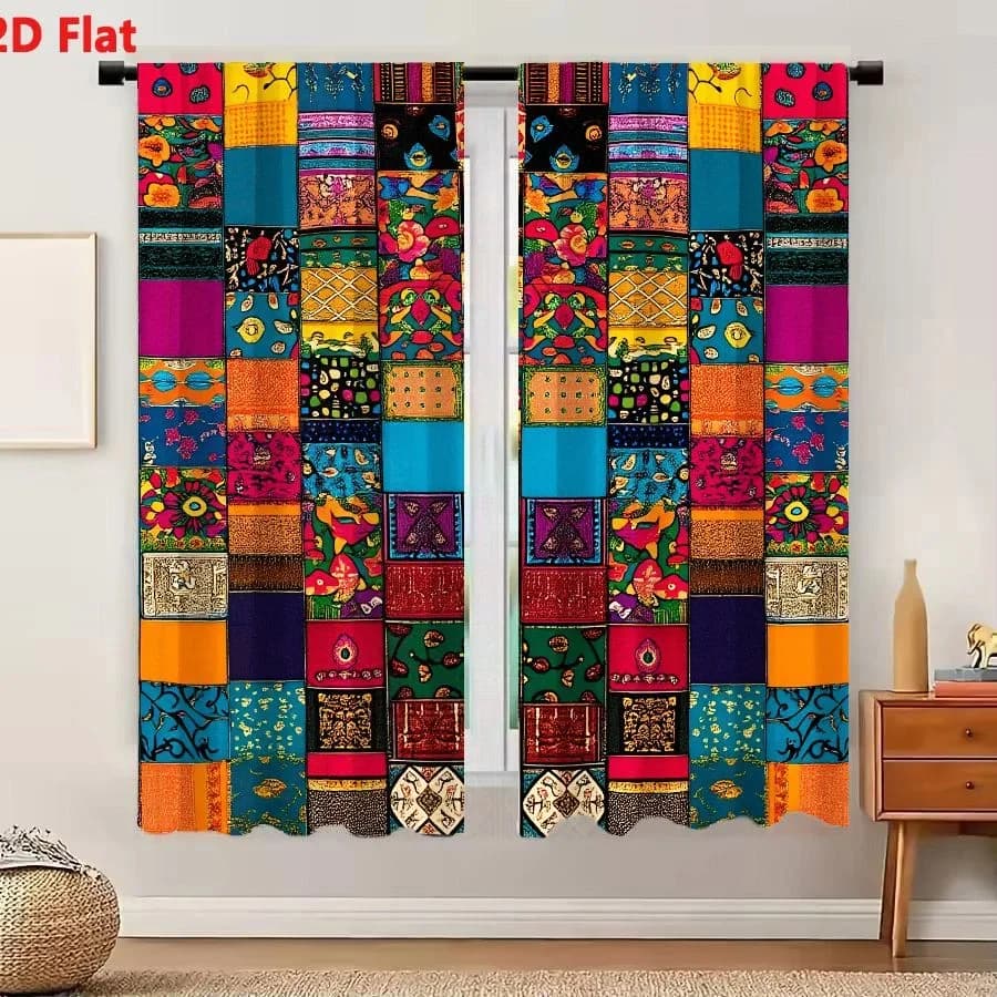 2Pcs Curtains 2D Flat Vibrant Patchwork Quilt Textile With Floral Geometric Patterns And Stylized Human Forms In Deep Blue Brigh