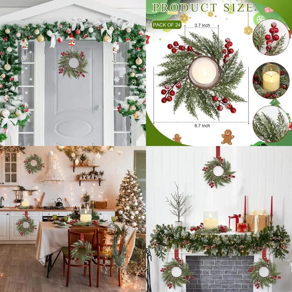 Set di 24 anelli per candele natalizie, 3,7 ghirlande decorative con bacche di cedro e pino innevato, ideali per centrotavola e vinci