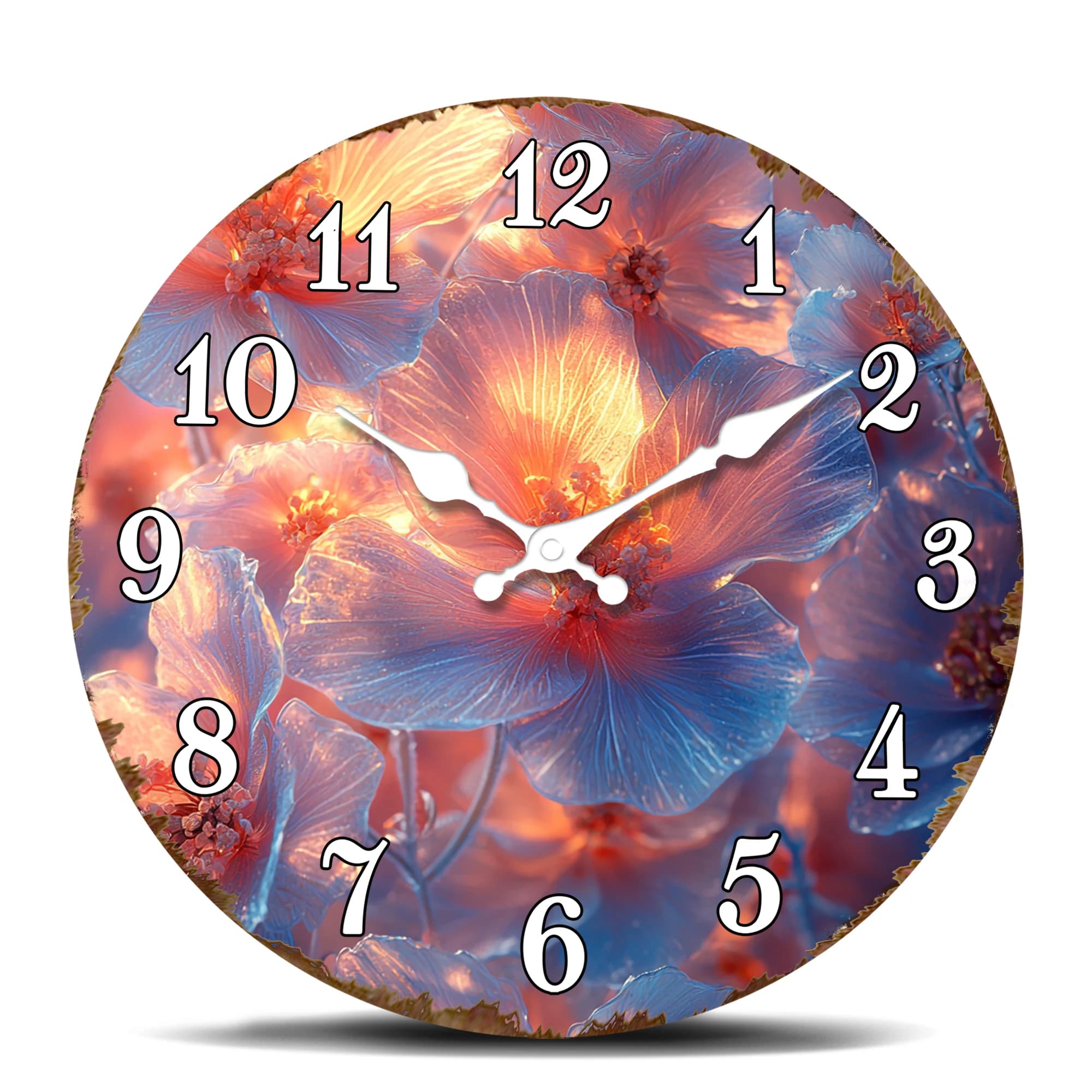 Beautiful wall clock with blue and orange hibiscus flowers, floral garden round decorative clock, bright and cheerful watch