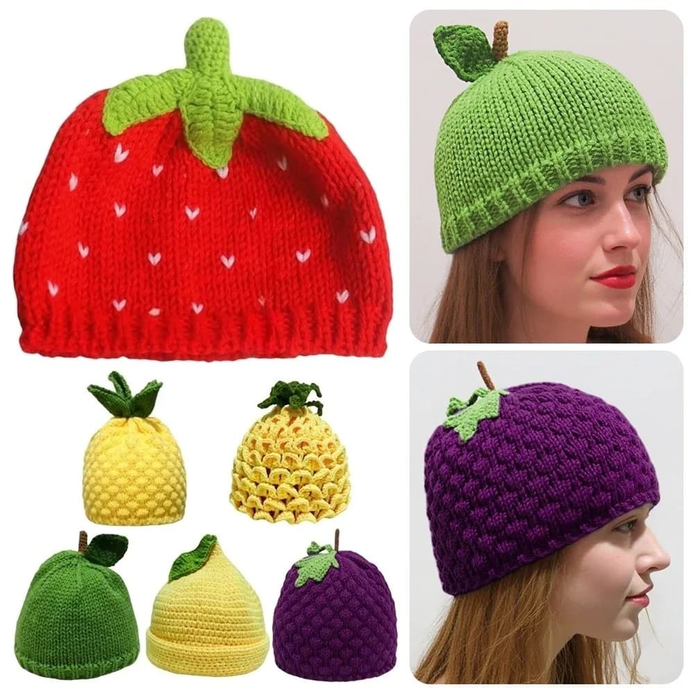 Novelty Warm Knitted Fruit Hat Thick Handmade Strawberry Pullover Cap Brimless Soft Skiing Hat Winter Head Accessory