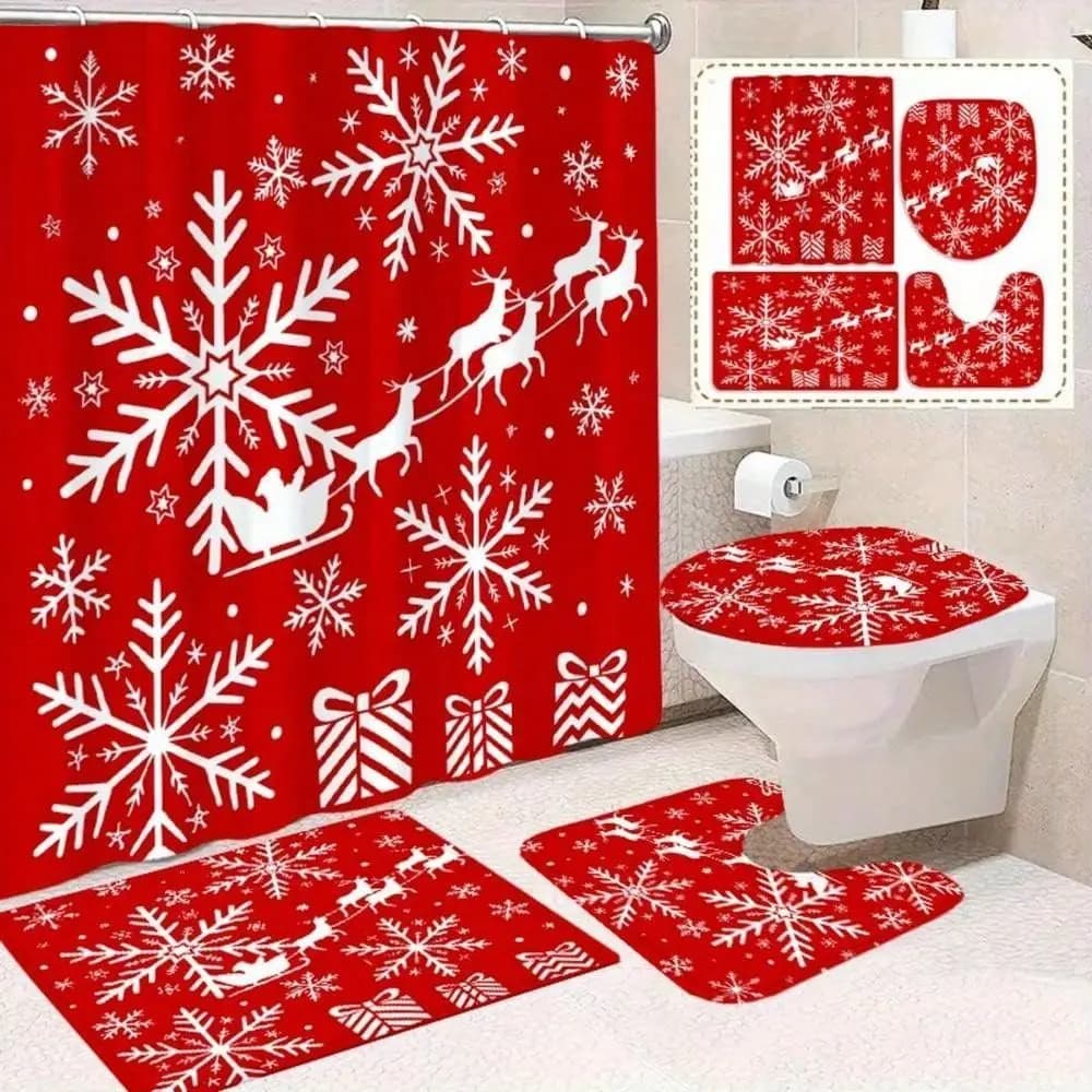 Tenda da doccia creativa con motivo a fiocco di neve, set tenda da doccia, tappetino antiscivolo per bagno, tappeto a forma di U, copri sedile WC, Exquis