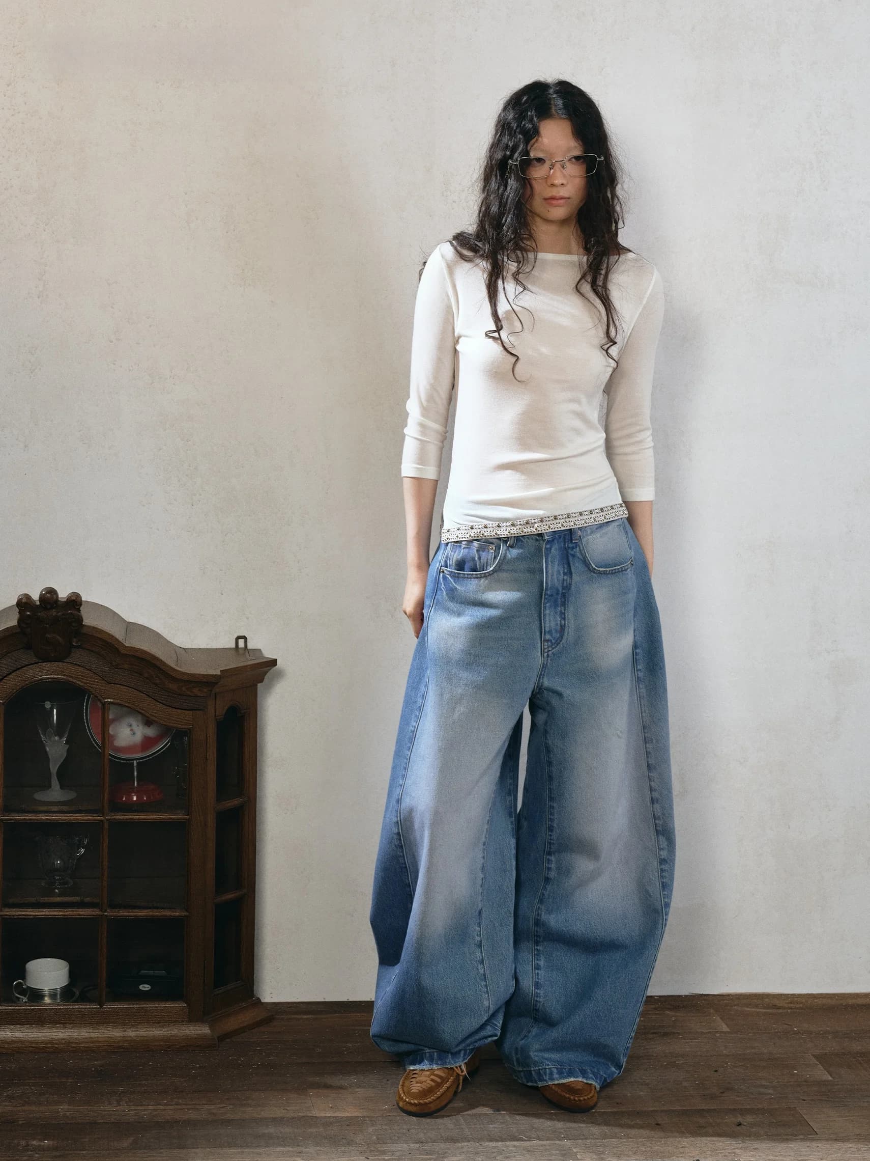 Jeans VERMO Vintage Lavati e Distressed, Morbidi e Strutturati, a Gamba Larga, da Donna, Casual, a Vita Alta, in Cotone