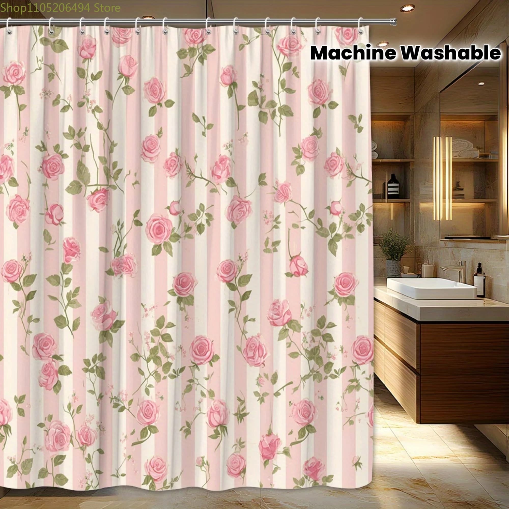 1 tenda da doccia a righe rosa beige con strisce verticali, grappoli di rose rosa e foglie verdi - Stile vintage shabby chic