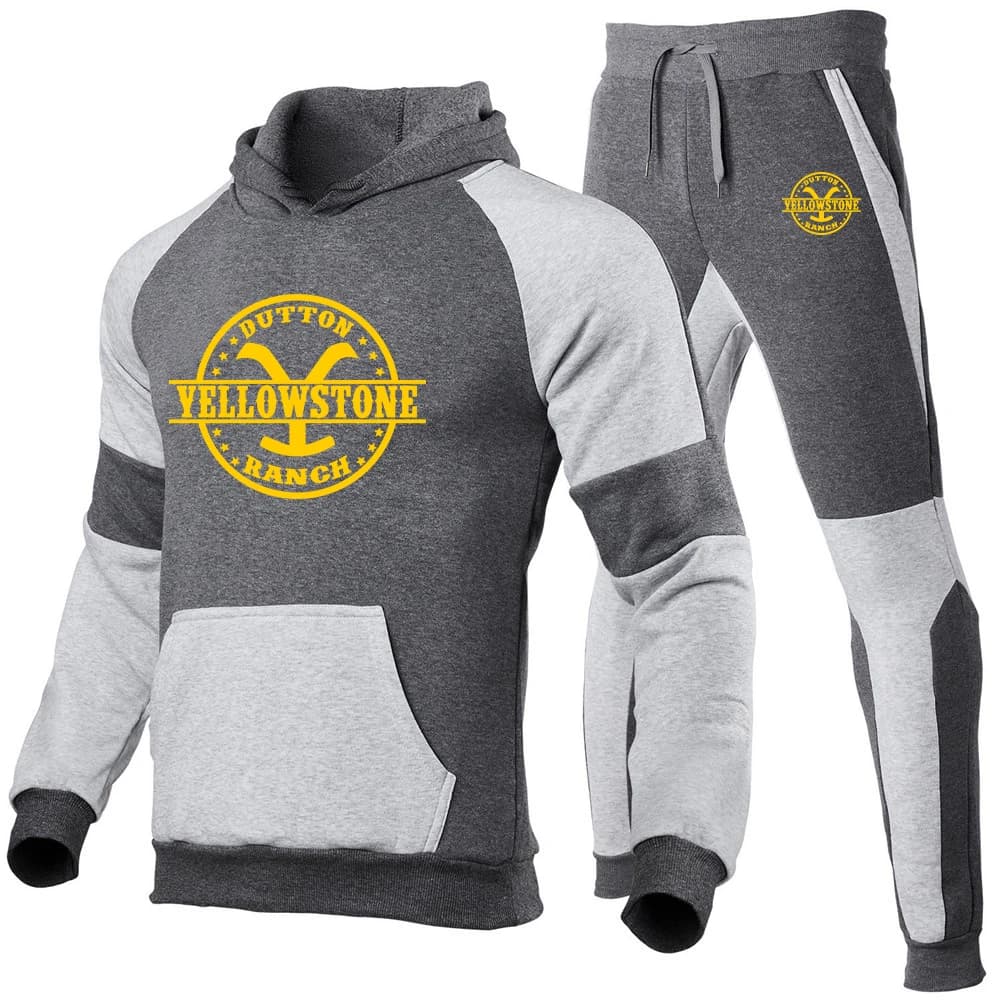 2026 Yellowstone Dutton Ranch Spring And Autumn Men's New Patchwork Color Casual Hoodie + Trouser Versatile Harajuku Suit