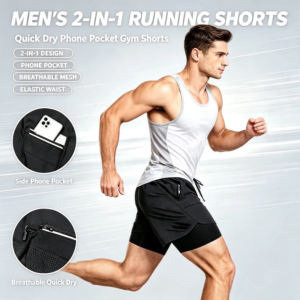 Breathable 2 in 1 Workout Shorts for Men with Compression Liner, Quick Dry Athletic Running Bottom with Dual Zip Pockets