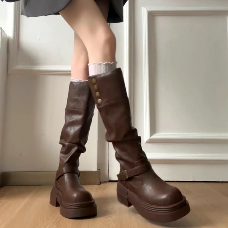 Autumn Winter Platform Thick Women's Bottom Knee Boots Women's Shoes Stylish knight's ankle boots with belt buckle