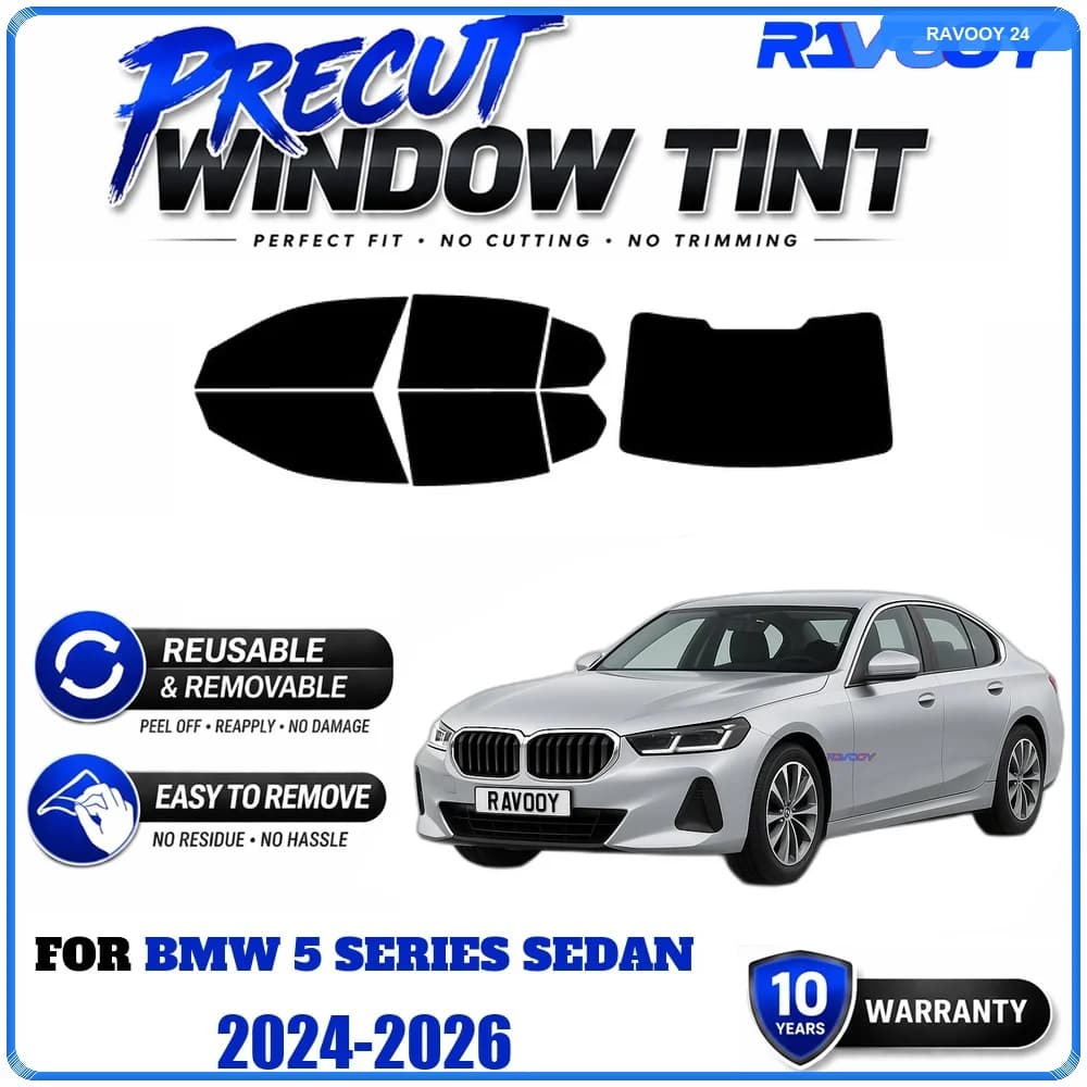 RAVOOY Precut Window Tint, Reusable Removable EPU Film, Custom Fit for Bmw 5 Series Sedan 2024-2026, UV Heat Protection