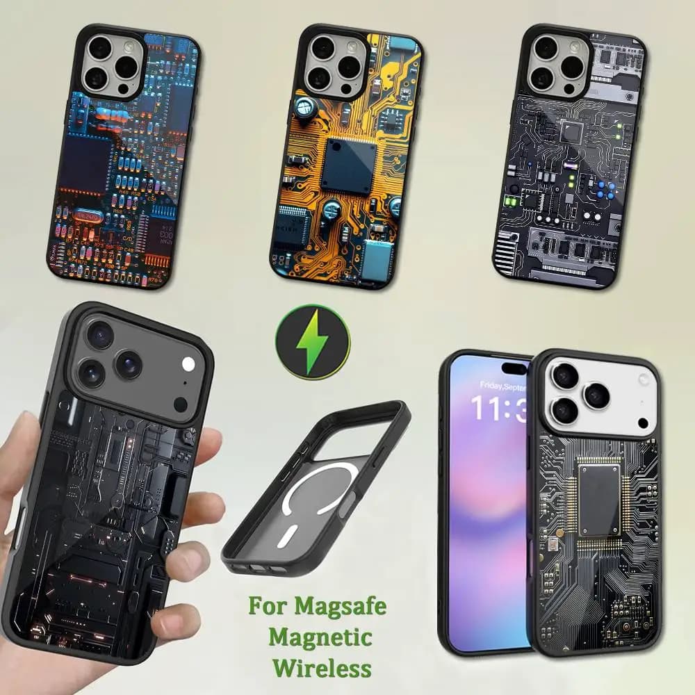 Custodia per telefono con circuito scientifico per iPhone 13,12,11,16,15,17,14,Pro,Max,Plus,Mini, con Magsafe, ricarica wireless magnetica