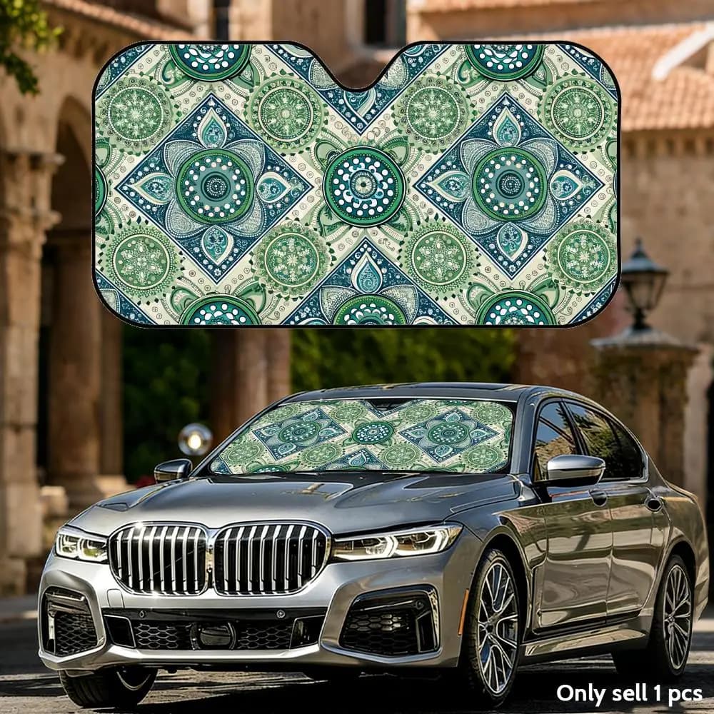Parasole Pieghevole Universale per Auto con Mandala Blu-Verde Estivo, Protezione UV e Isolamento Termico