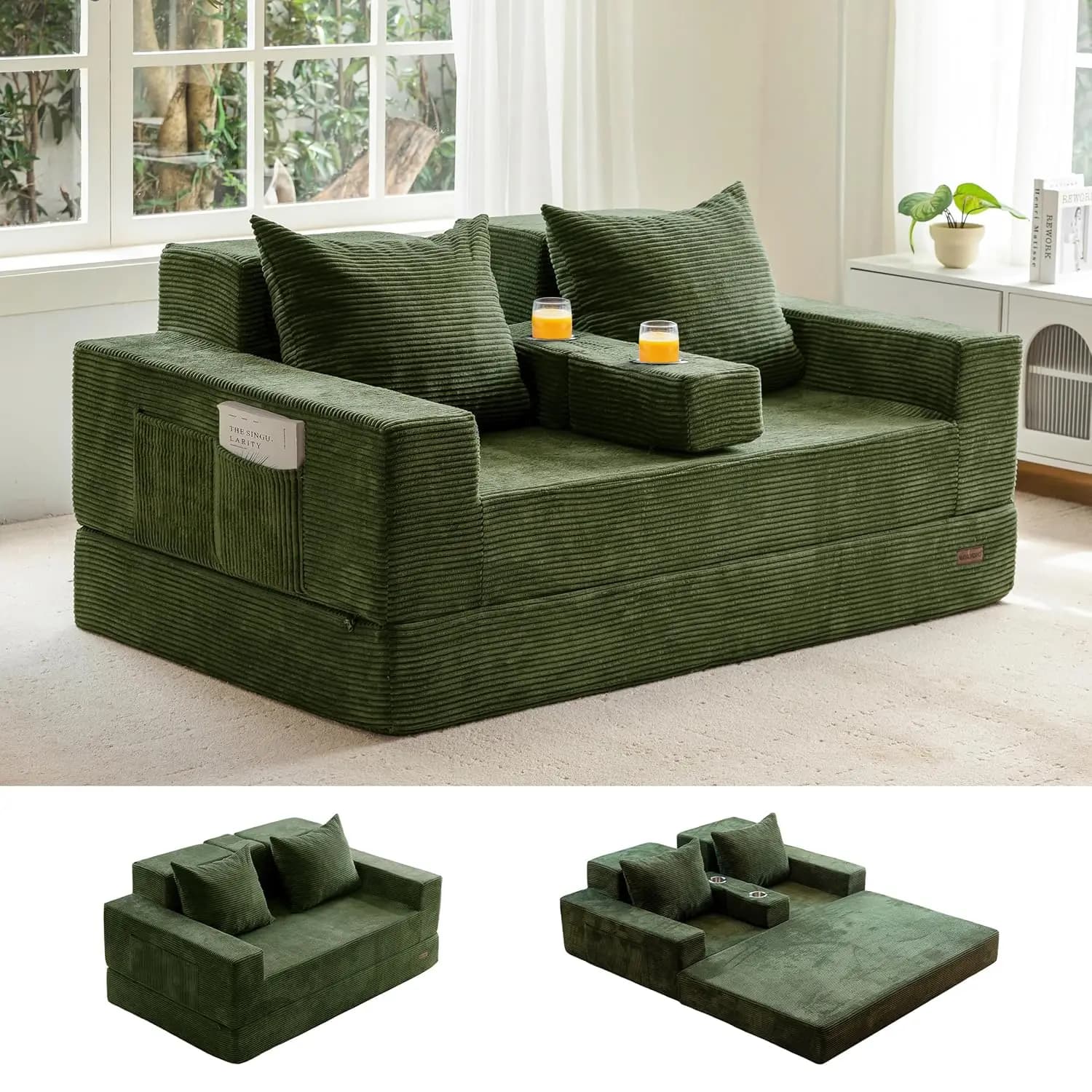 Divano Letto Pieghevole 4-in-1 da 64 Pollici con 2 Portabicchieri, Reclinabile Senza Struttura per Soggiorno, Nessun Montaggio Richiesto, Personalizzabile