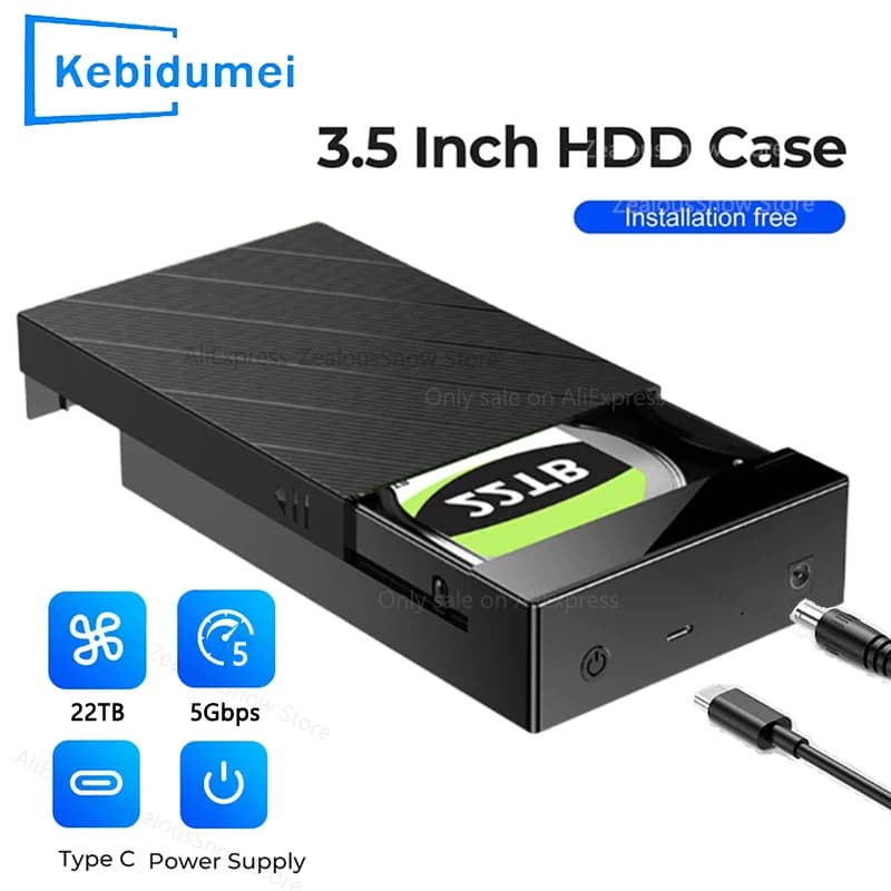 Custodia per disco rigido da 2,5/3,5 pollici SATA a tipo C Adattatore per custodia per disco rigido Supporto da 22 TB fino a 5 Gbps HDD esterno per PC portatile