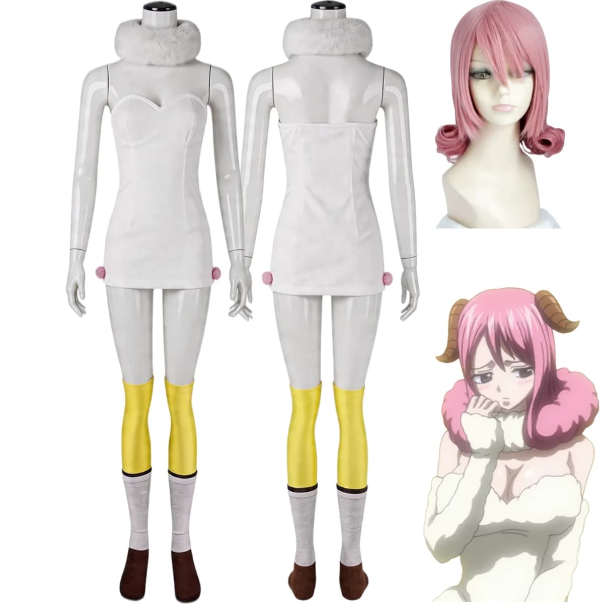 Anime Fairy Tail Aries Cosplay Costume White Lamb Off-shoulder Dress Necklace Wig Adult Woman Sexy Cute Masquerade Suit