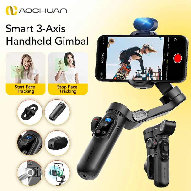 Stabilizzatore cardanico per smartphone AOCHUAN Smart XPro Ai a 3 assi per iPhone e smartphone Android Gimbal Nessuna app richiesta per tracciare la faccia