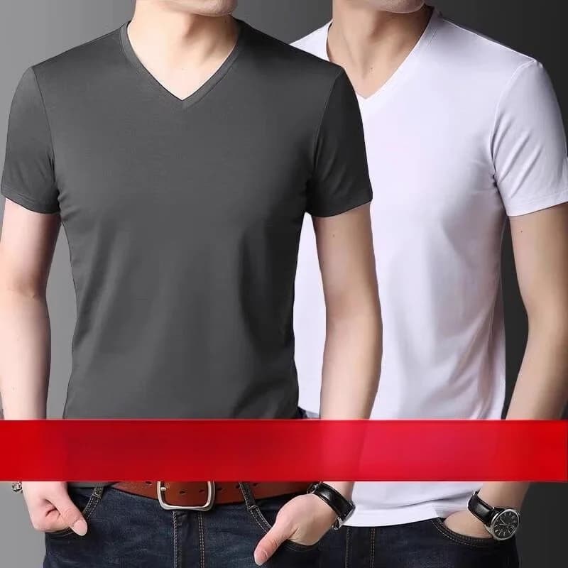 Ice Silk Pure Cotton Short Sleeve T-Shirt Men's V-Neck Black Summer Ice Sensation Quick Dry Slim Fit Half Sleeve Base S...